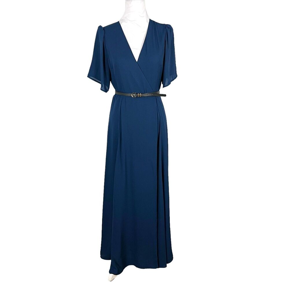 Wayf Womens Size S Blue The Aurelia Short Puff Sleeve Wrap Maxi Dress FLAW